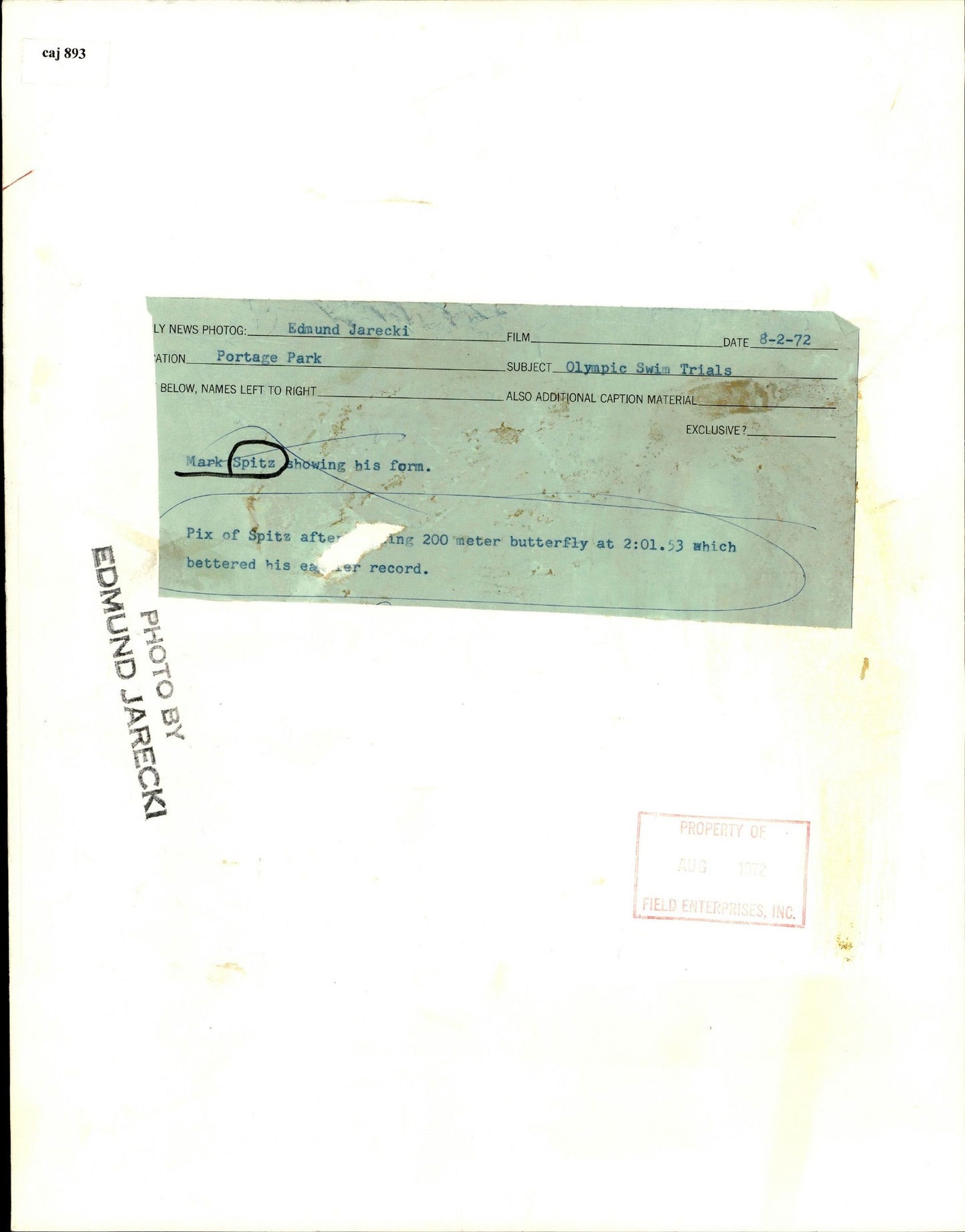 Mark Spitz at Olympics (1972) (oversize) Mark Spitz Olympics Photographer Stamped Sports Swimming