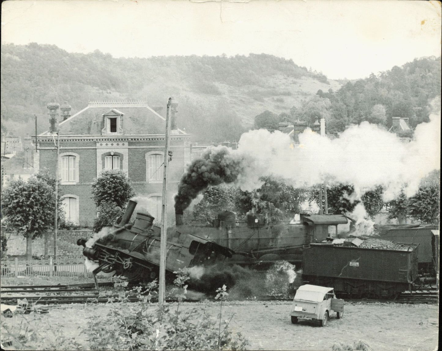 Stunt Crash Mishap on set of "The Train" | Ernst Haas and Vincent Rossell (1964) (4 vintage oversized prints) Accidents crash Film Hollywood oversize Oversized Photographer Stamped