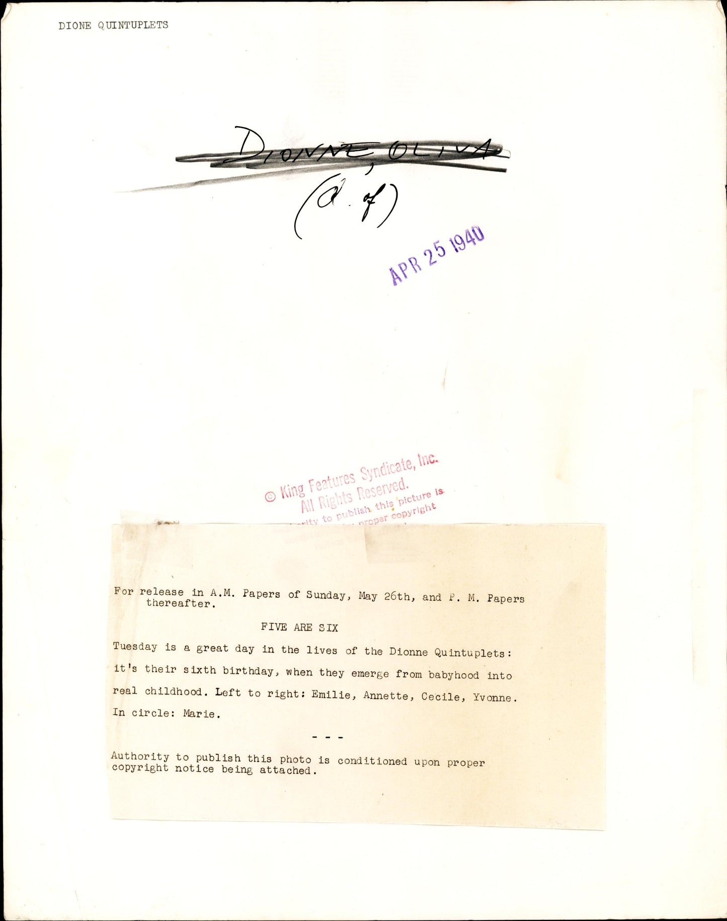 Dionne Quints Sixth Birthday Oversize Print (1940)