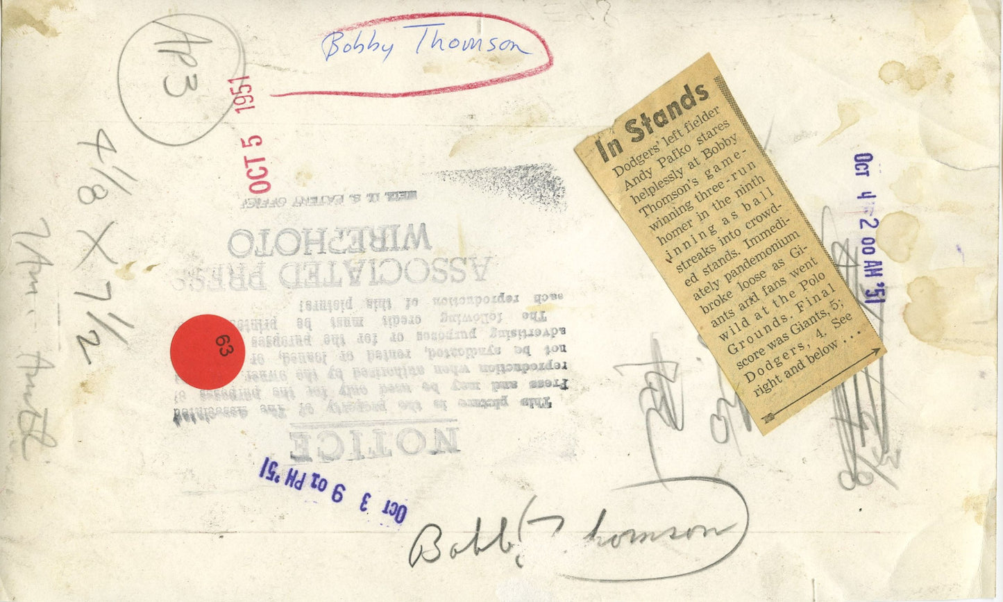 "Shot Heard Round the World" Bobby Thomson Home Run Collection (AUTOGRAPH) (12 images) Baseball Bobby Thomson Brooklyn Dodgers Home Run New York Giants Polo Grounds Sports