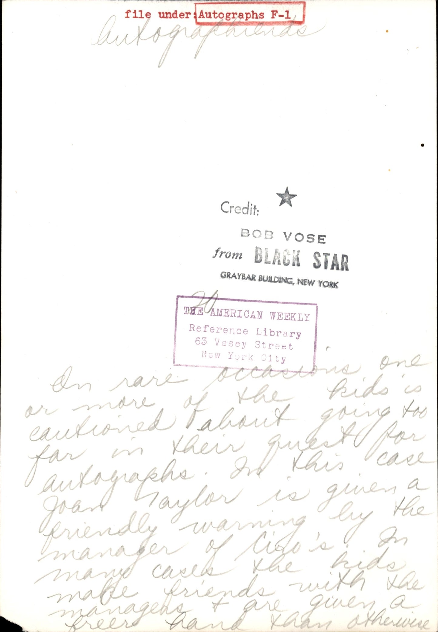 Celebrity Autograph Collection | Bob Vose (1950s) (23 vintage prints)