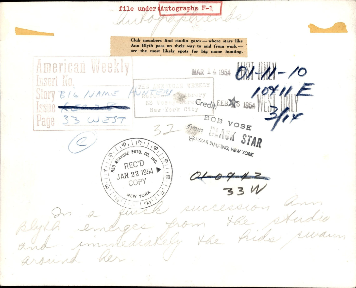 Celebrity Autograph Collection | Bob Vose (1950s) (23 vintage prints)