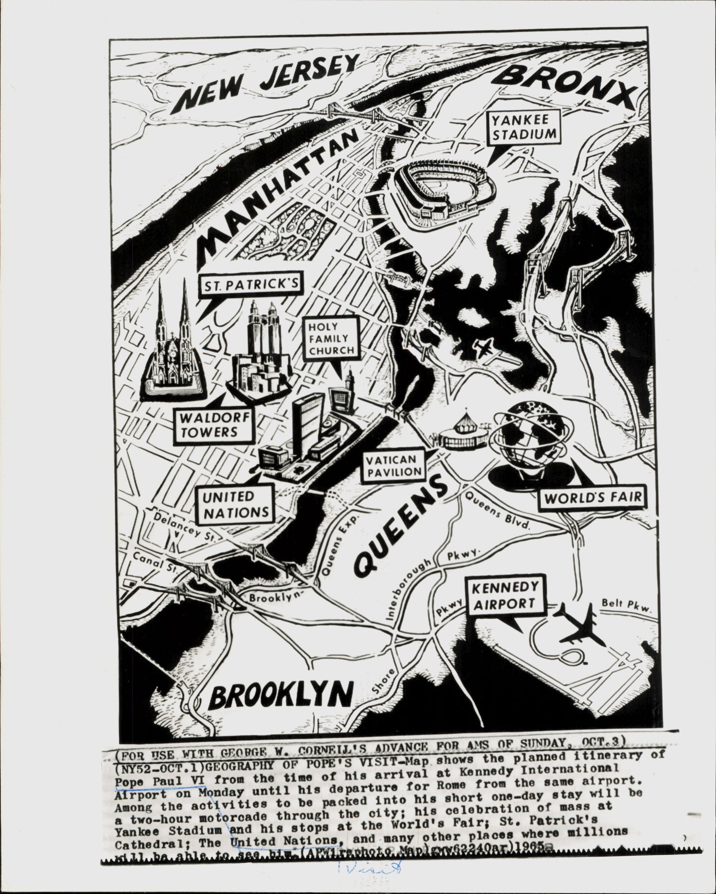 New York City Map for Pope Paul VI's Visit (1965)