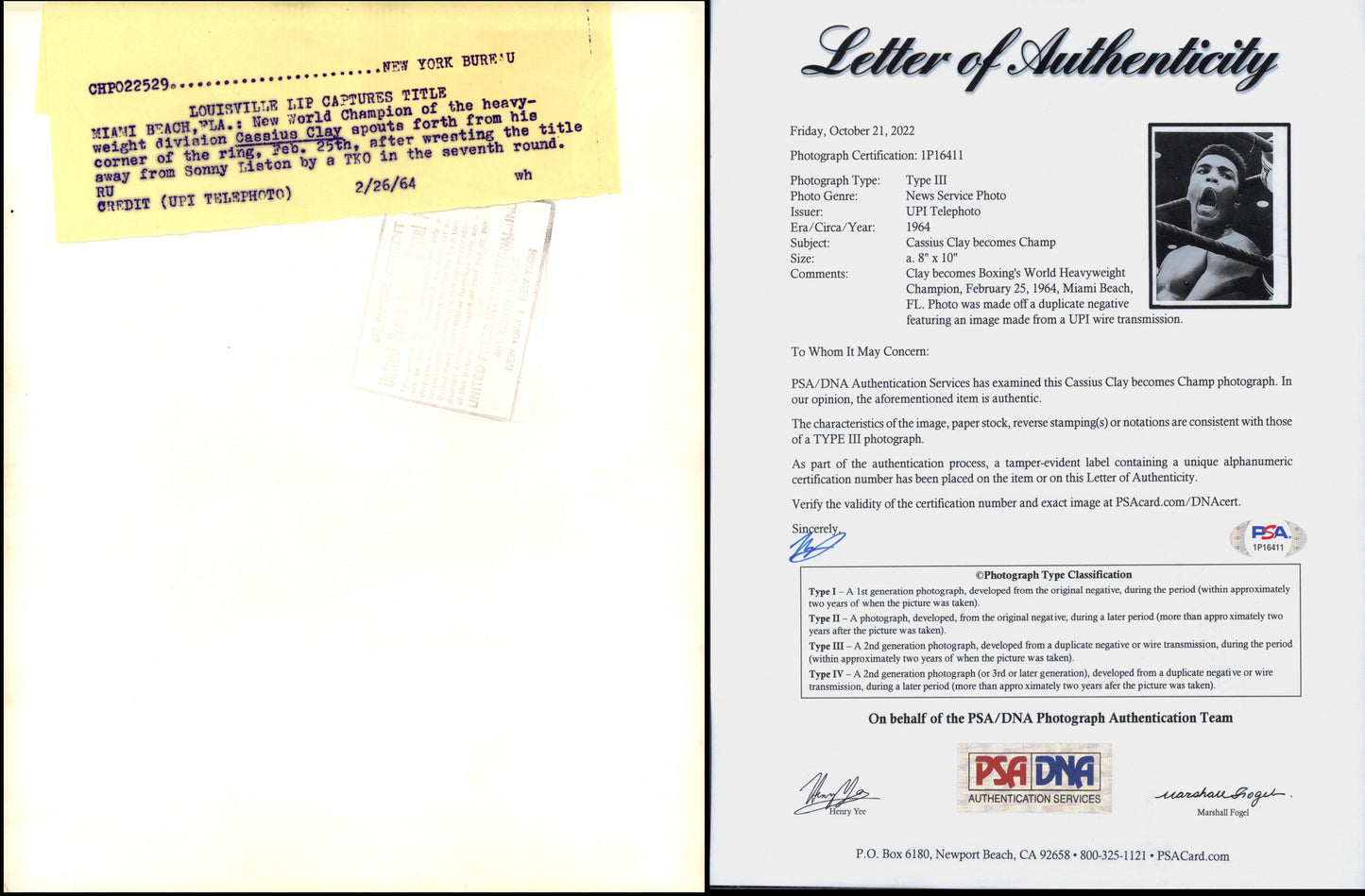 Muhammed Ali Becomes Champ by TKO of Sonny Liston (1964) Boxing Florida Miami Beach Muhammed Ali PSA Authenticated Sonny Liston Sports Type III