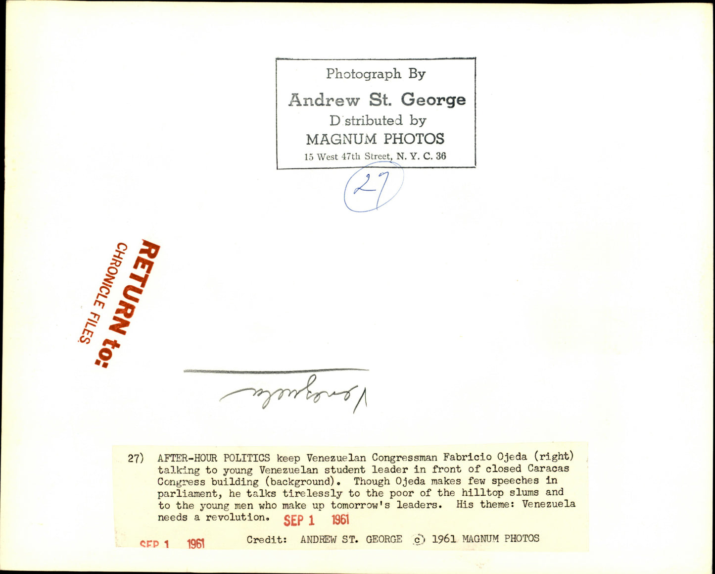 Andrew St. George Latin America Collection (1960s) (8 vintage prints) latin america Photographer Stamped