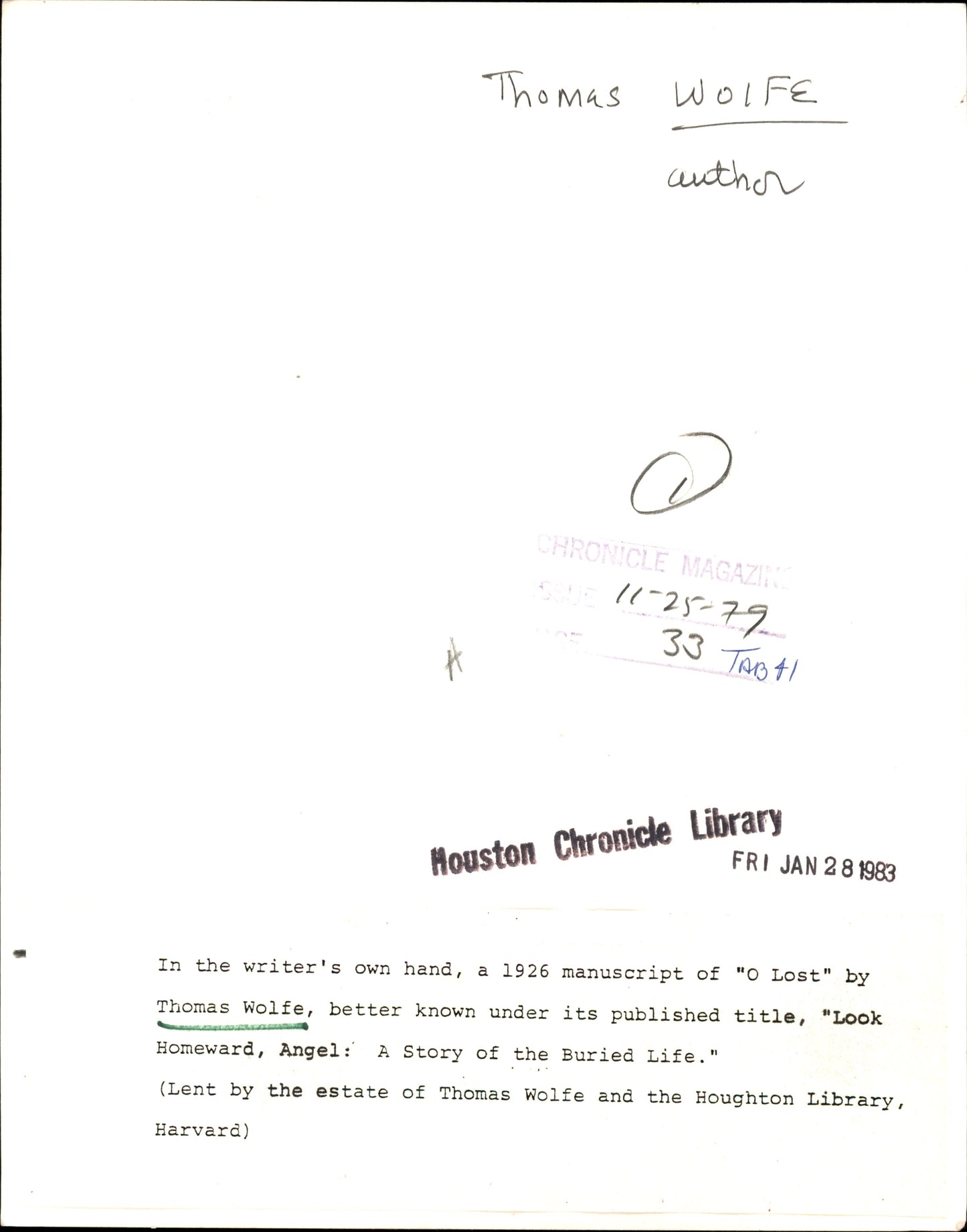 Thomas Wolfe Manuscript Pairing (1979-1989)