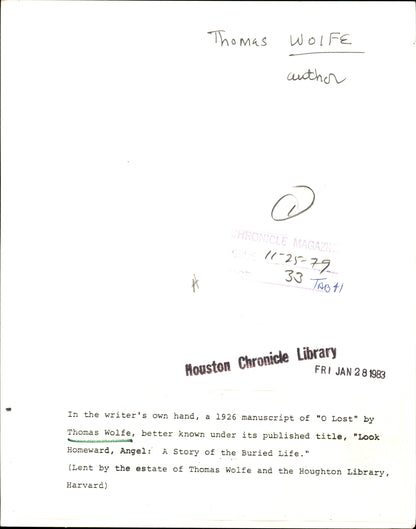 Thomas Wolfe Manuscript Pairing (1979-1989)