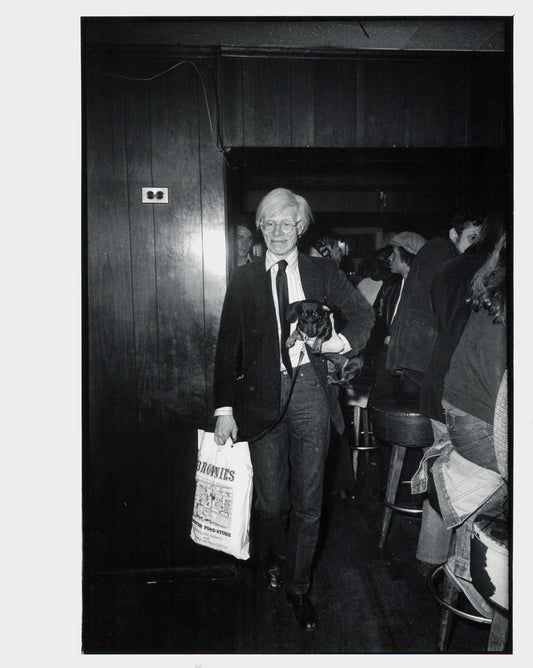 Andy Warhol with Dog - Oscar Abolafia (1973) Andy Warhol dog Oscar Abolafia Photographer Stamped Silver-Gelatin Print