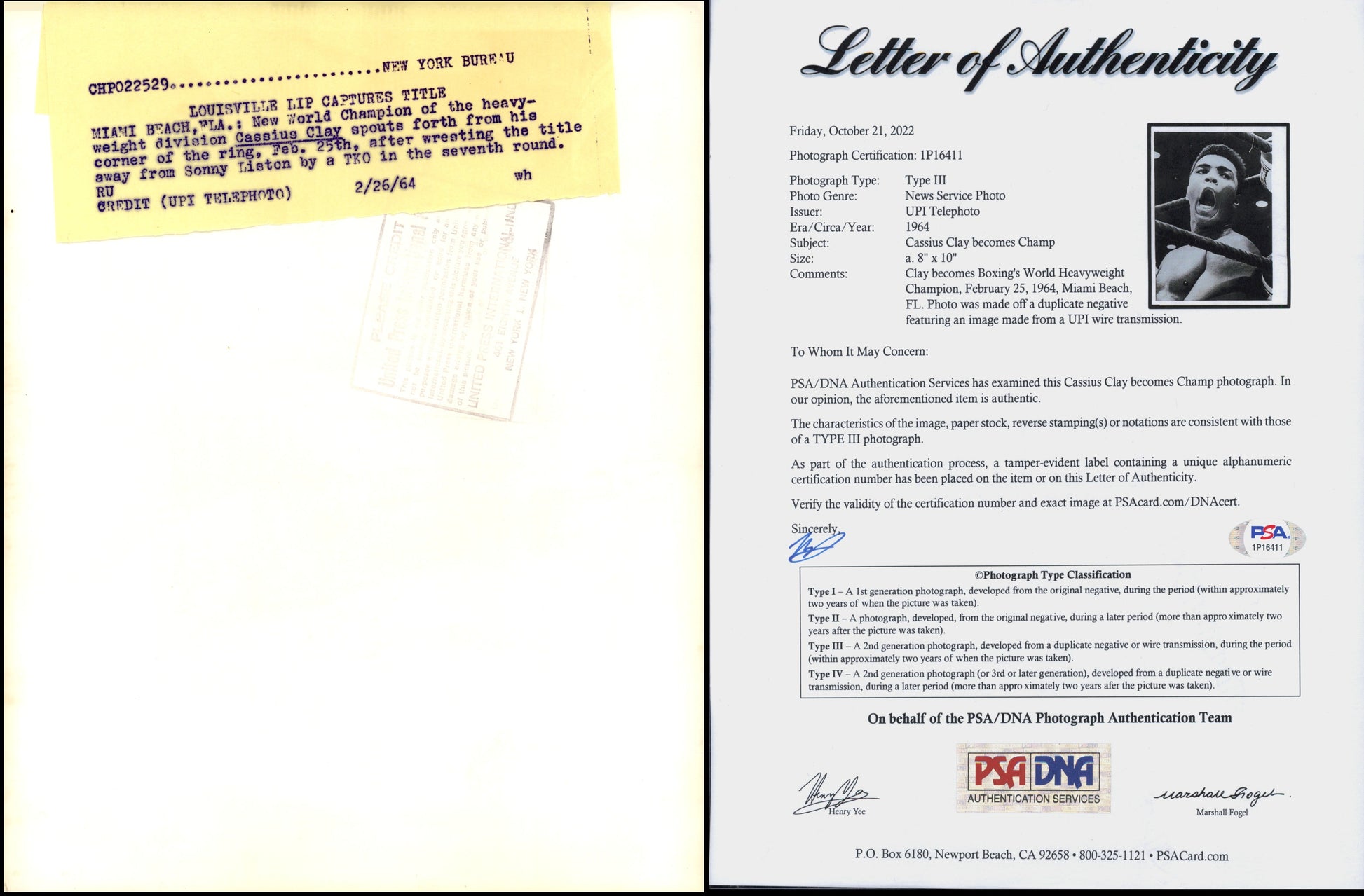 Muhammed Ali Becomes Champ by TKO of Sonny Liston (1964) Boxing Florida Miami Beach Muhammed Ali PSA Authenticated Sonny Liston Sports Type III